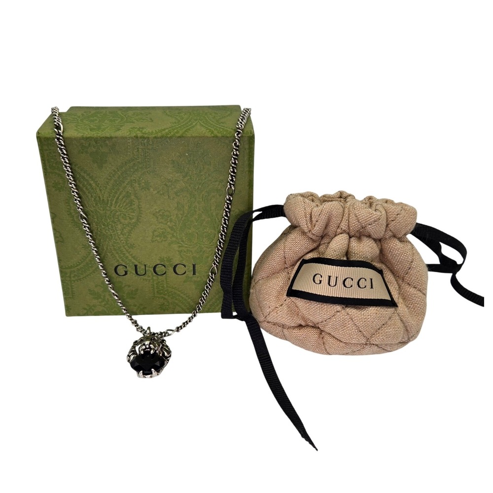 Gucci Sterling Silver Brass Swarovski Lion Head Necklace Black - Picture 2 of 10